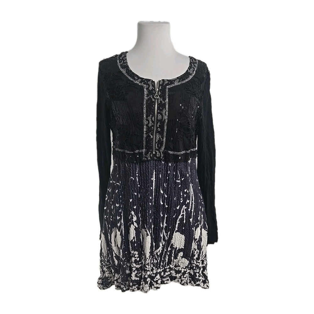 Tesoro Moda Abstract Grunge Sequin Long Sleeve Zipper Mini Dress Junior Large L